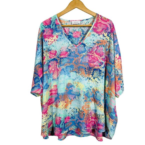 Adrienne Tops - Adrienne V Neck Mod Snake Print Kaftan Tunic Top Blouse Casual Short Sleeve - 8